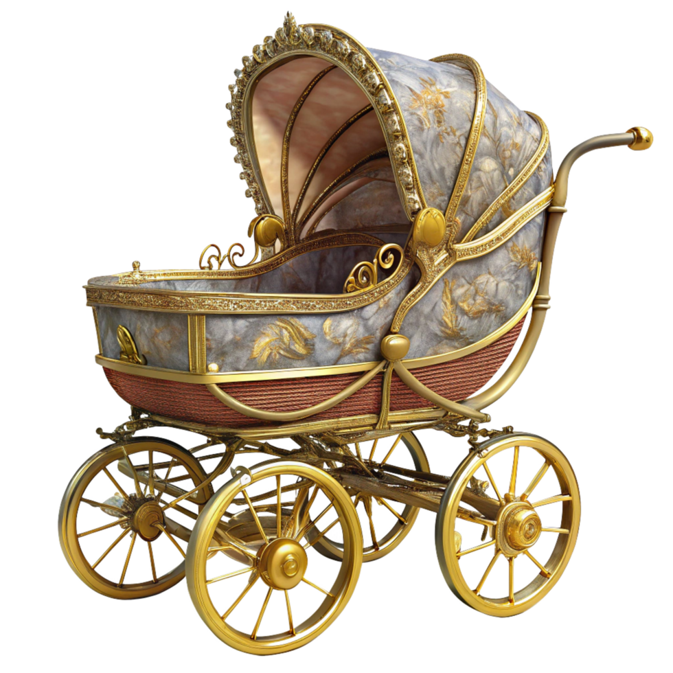 Baroque Style Baby Carriage With Luxurious Gold in Transparent Background png
