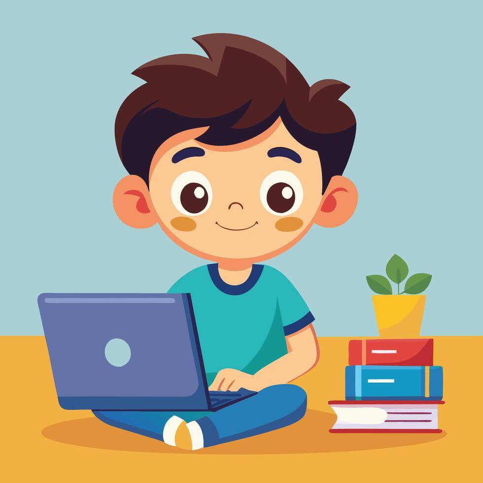 Cute Cartoon Boy Studying with a Laptop in a Deliberate Pose vector