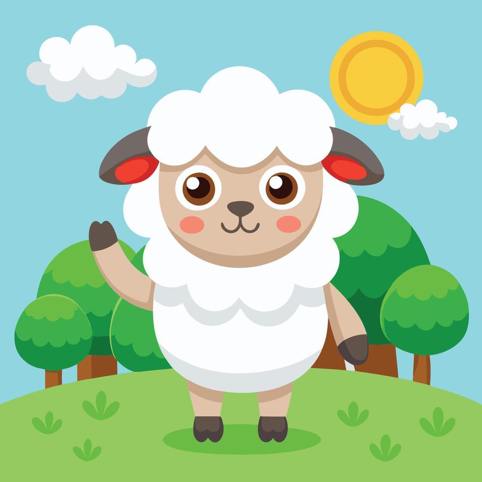 Cute Cartoon Illustration of a Sheep Waving with Its Hand vector