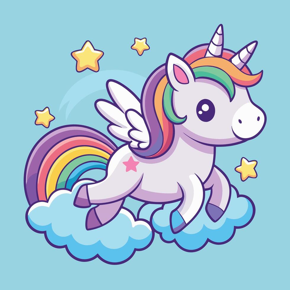 Enchanting Unicorn Soaring Through Pastel Skies with Stars and Rainbows vector