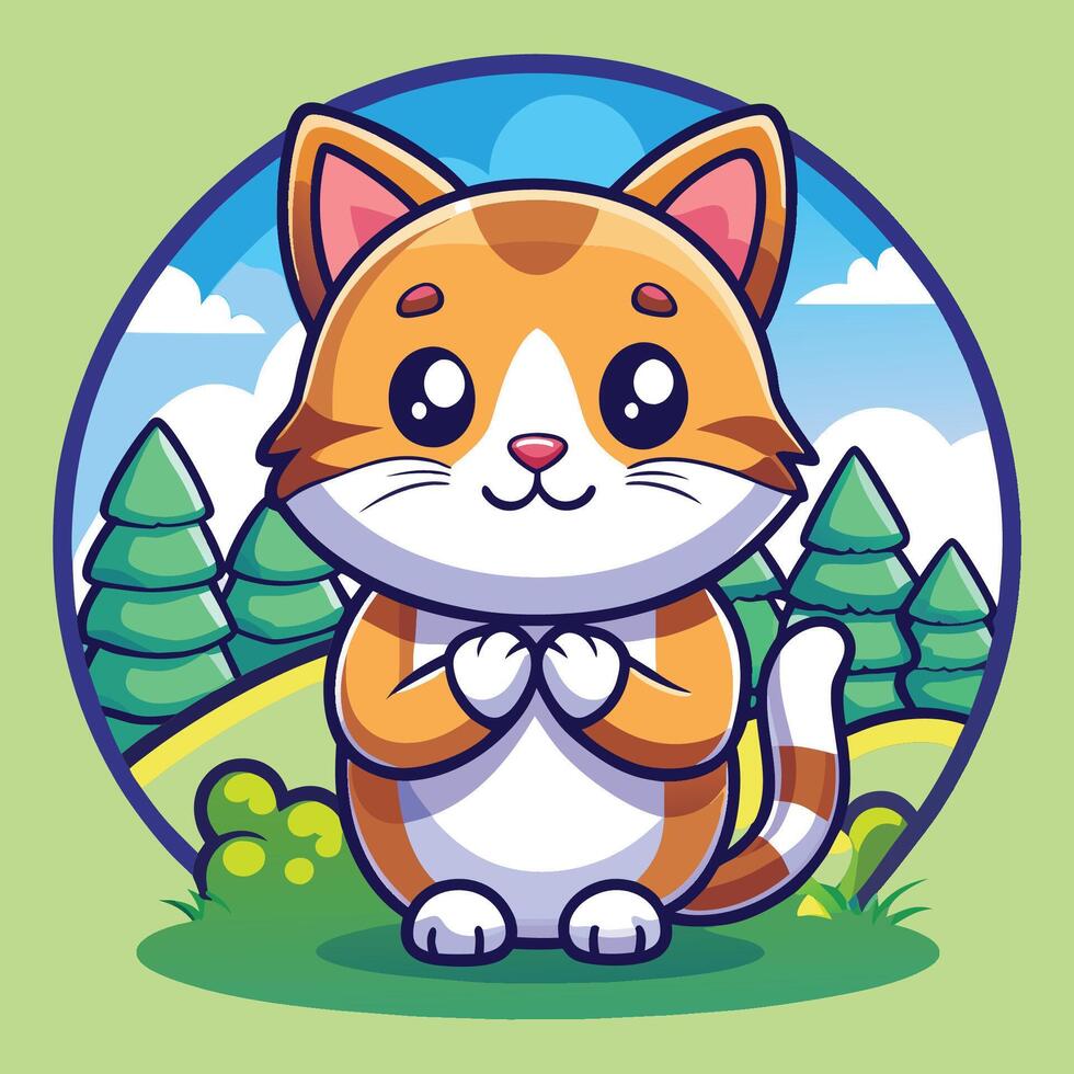Adorable Cartoon Cat Hugging Its Cheeks A Cute Icon vector