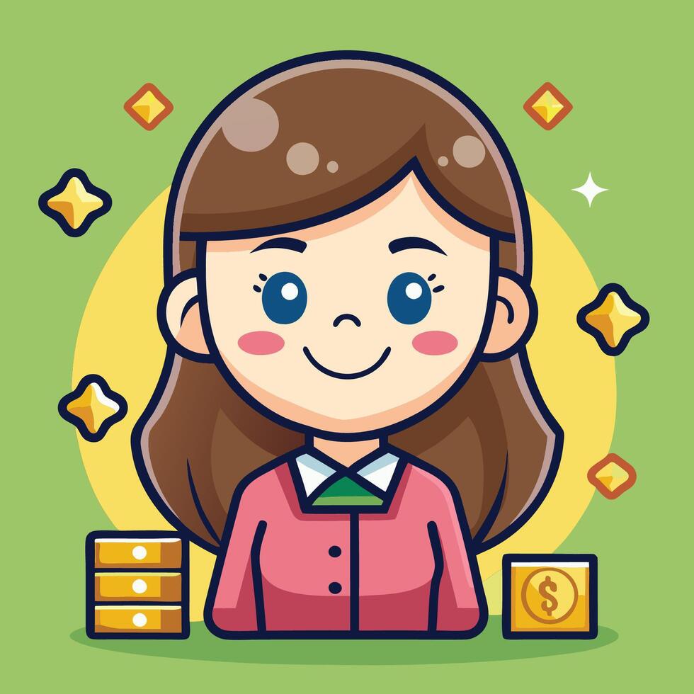 Cute and Wealthy Girl Cartoon Character Icon with Money vector