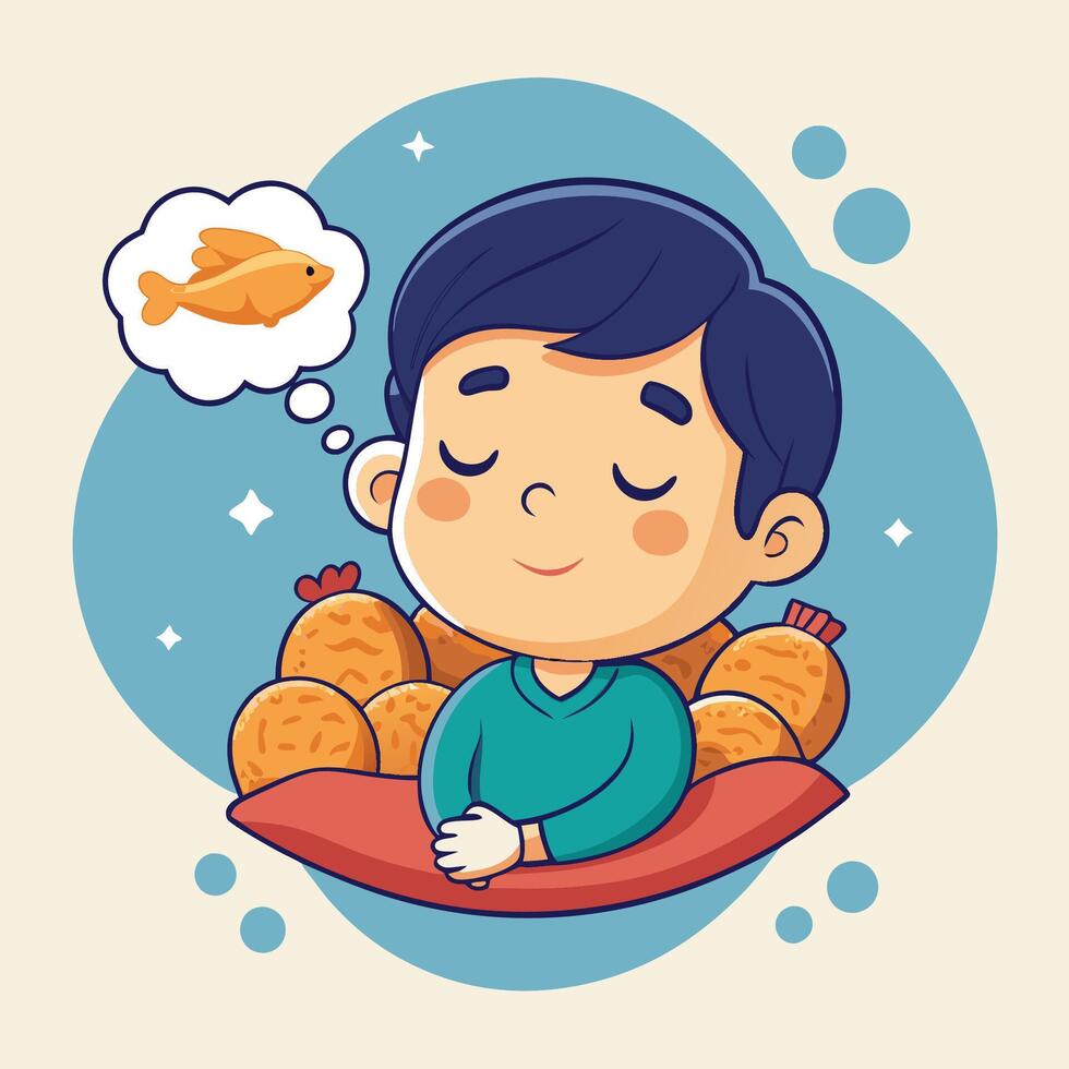 Cute Cartoon Boy Dreaming of Crispy Fried Chicken vector