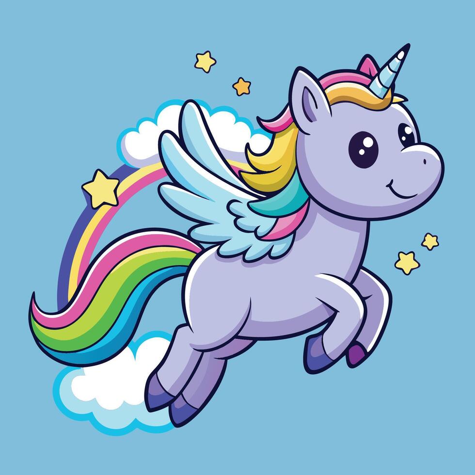 Adorable Cartoon Illustration of a Unicorn Soaring Through a Rainbow vector