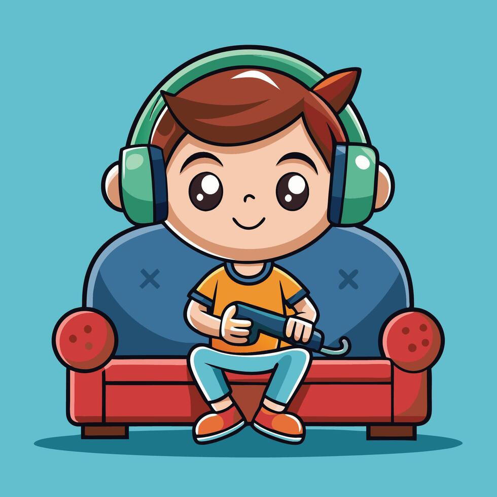 Adorable Boy Gaming on Sofa While Wearing Headphones vector