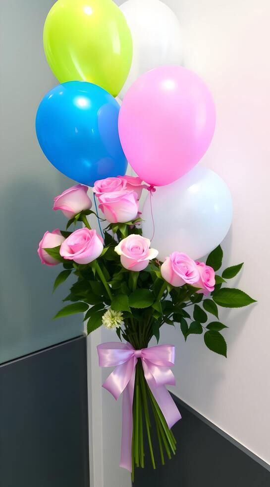A bouquet of pink and white balloons and roses photo