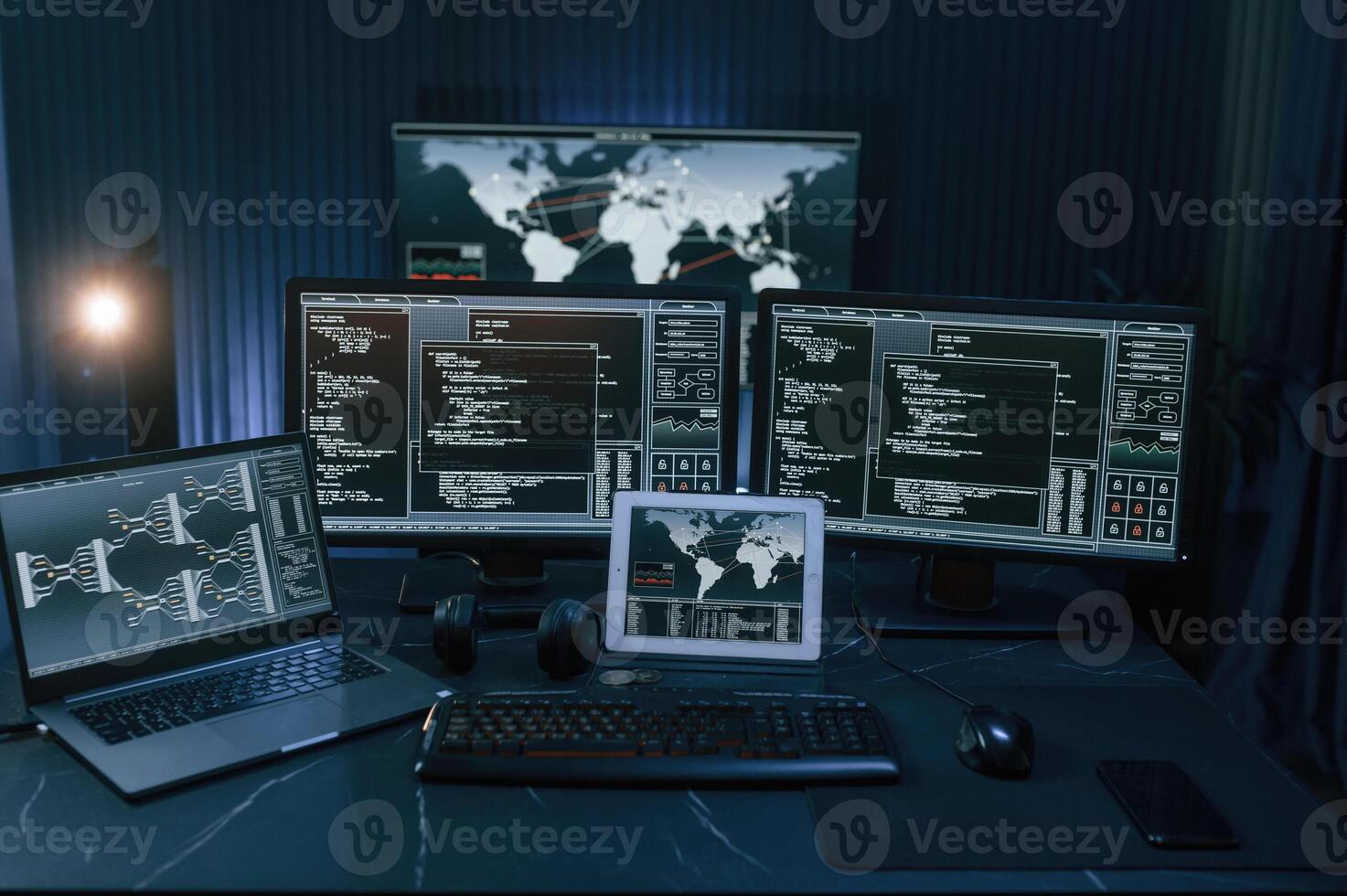 Multiple, screens with information. Cyber criminal haker dark room for massive attack of corporate big data servers photo