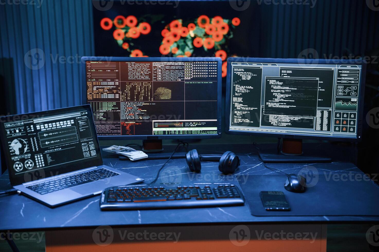 Cyber criminal haker ,dark ,room for massive attack of corporate big data servers photo