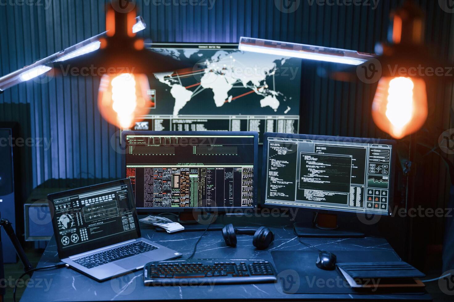 Cyber criminal, haker, dark room for massive attack of corporate big data servers photo