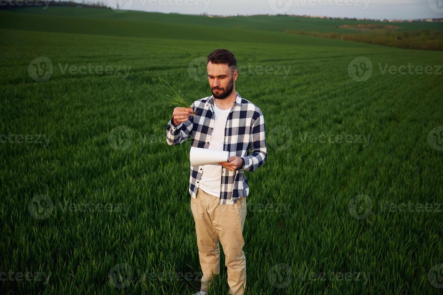 Front view,. Standing a,nd holding notepad with document. Handsome young man is on agricultural field photo