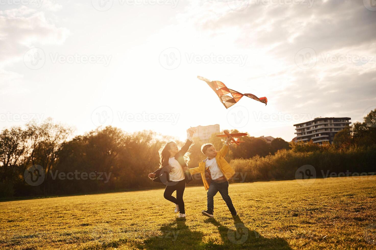 Two kids are playing with ,kite on ,the summer field photo