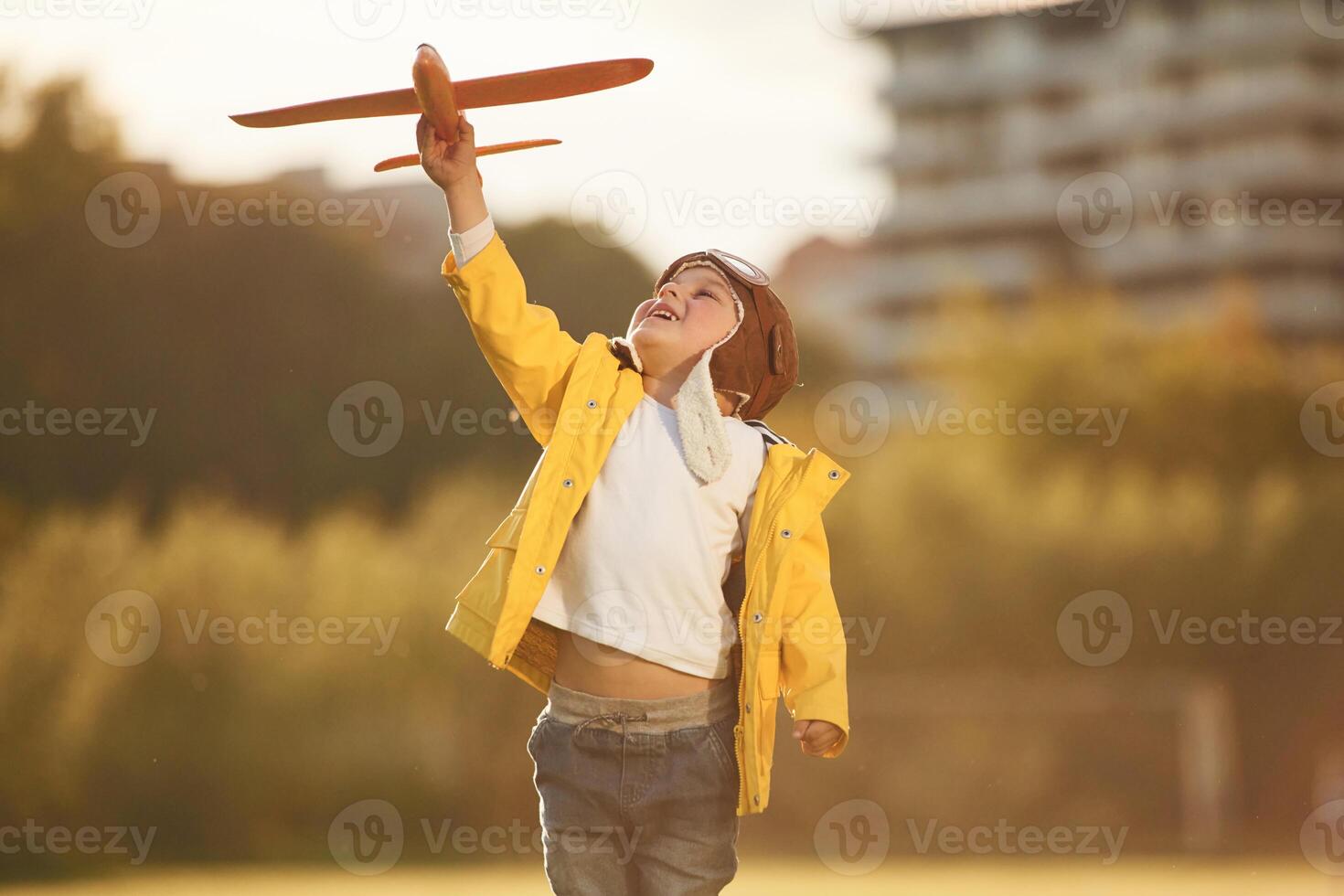 Toy ,plane.. Little boy is playing on the summer field photo