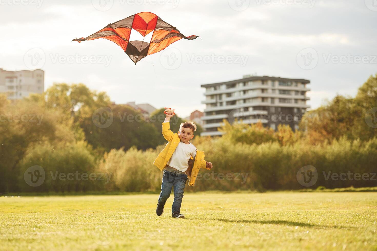 Running ,with ,kite. Little ,boy is playing on the field at summer time photo