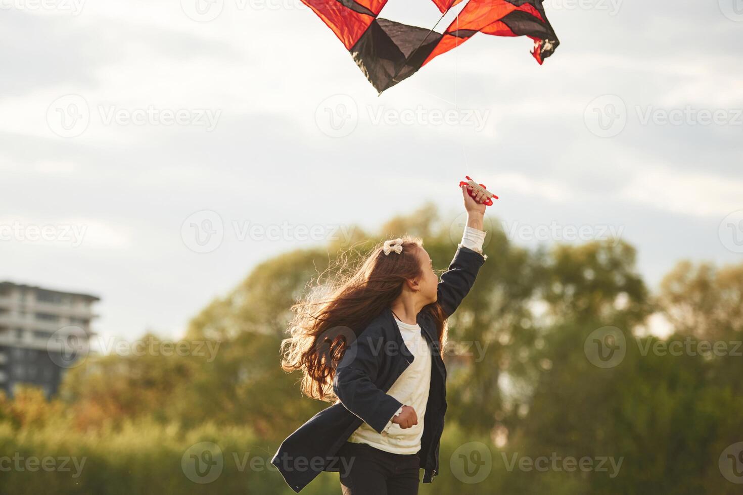 Happy ,little girl is playing with kite on the summer field photo