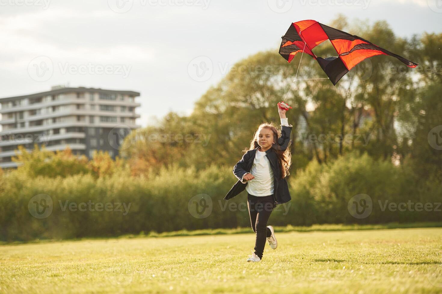 Photo ,in motion. Happy little girl is playing with kite on the summer field