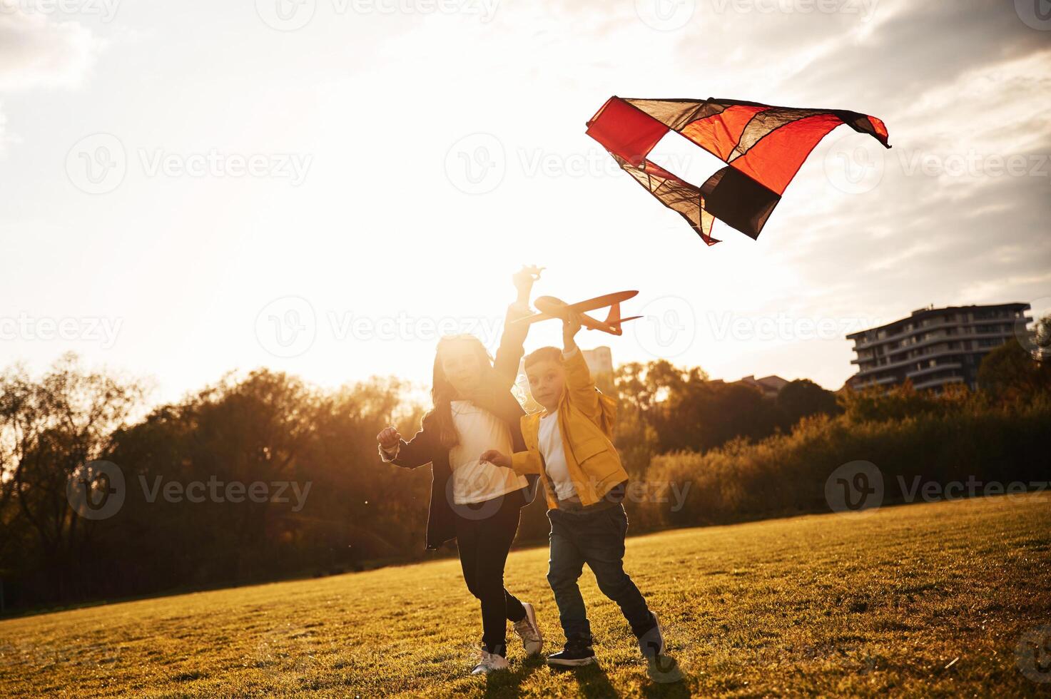 Running,together. Two kids are playing with kite on the summer field photo