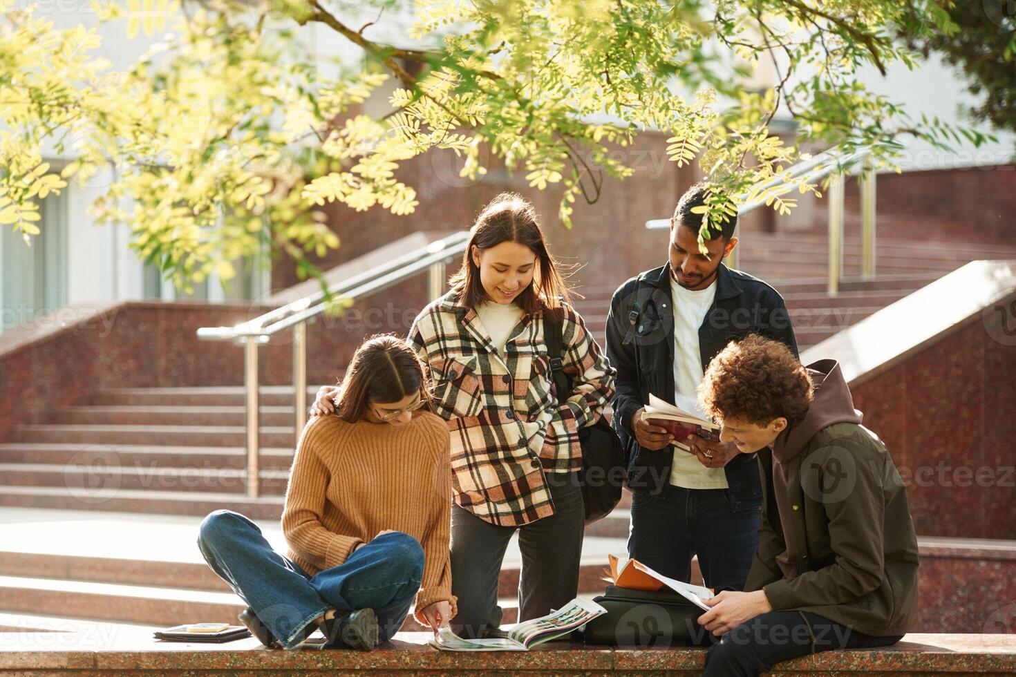 Tree ,with green leaves. Four young students in casual clothes are together outdoors photo