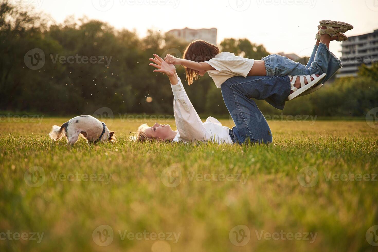 Holding kid ,in ,hands. .Beautiful mother with her little daughter and dog are on the summer field together photo