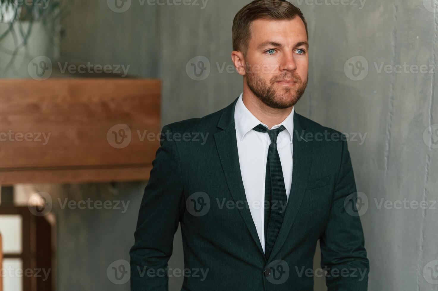 Front ,view, in the appartment. .Handsome businessman is indoors in the hotel room photo