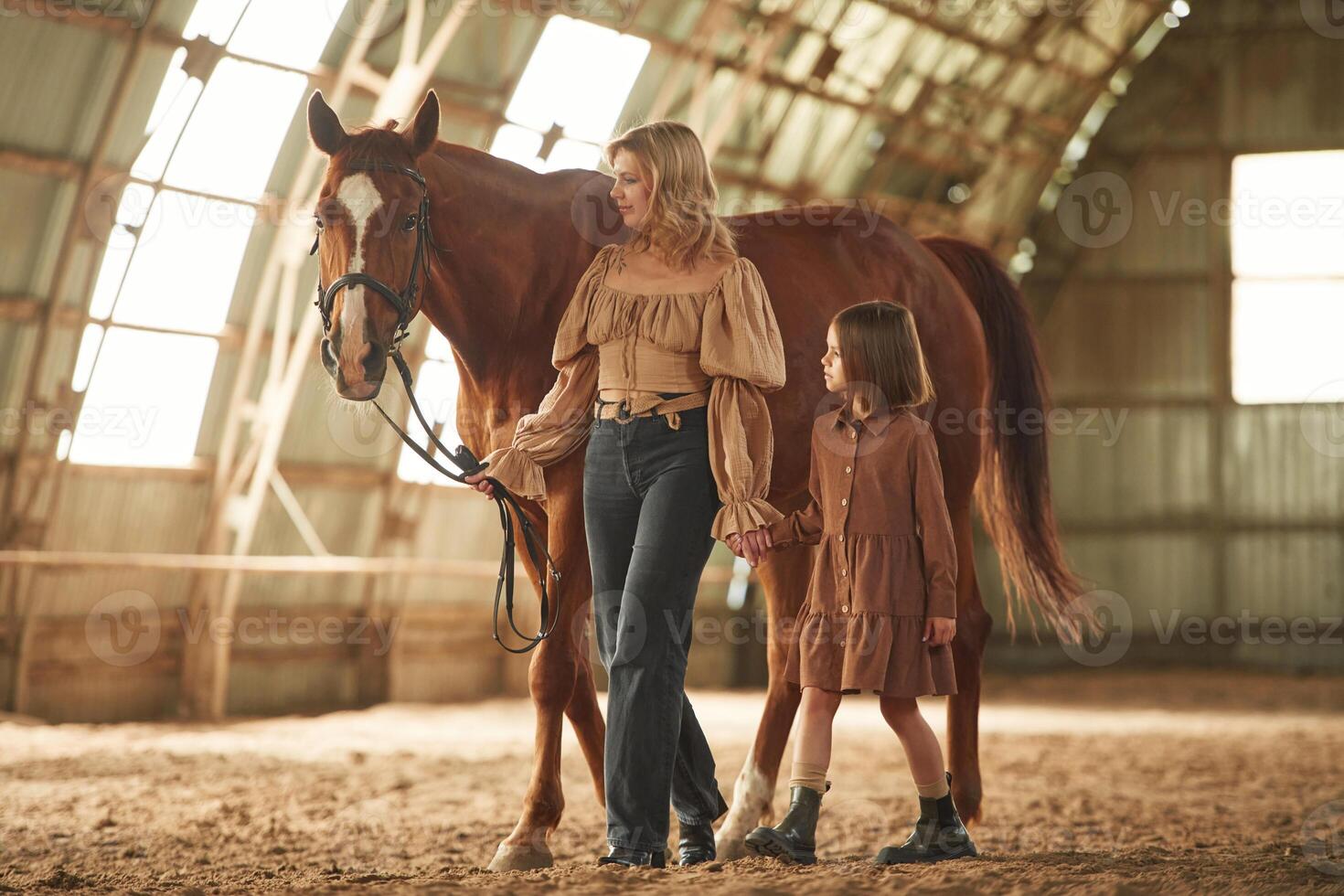 Woman, with ,her little daughter is with horse indoors photo