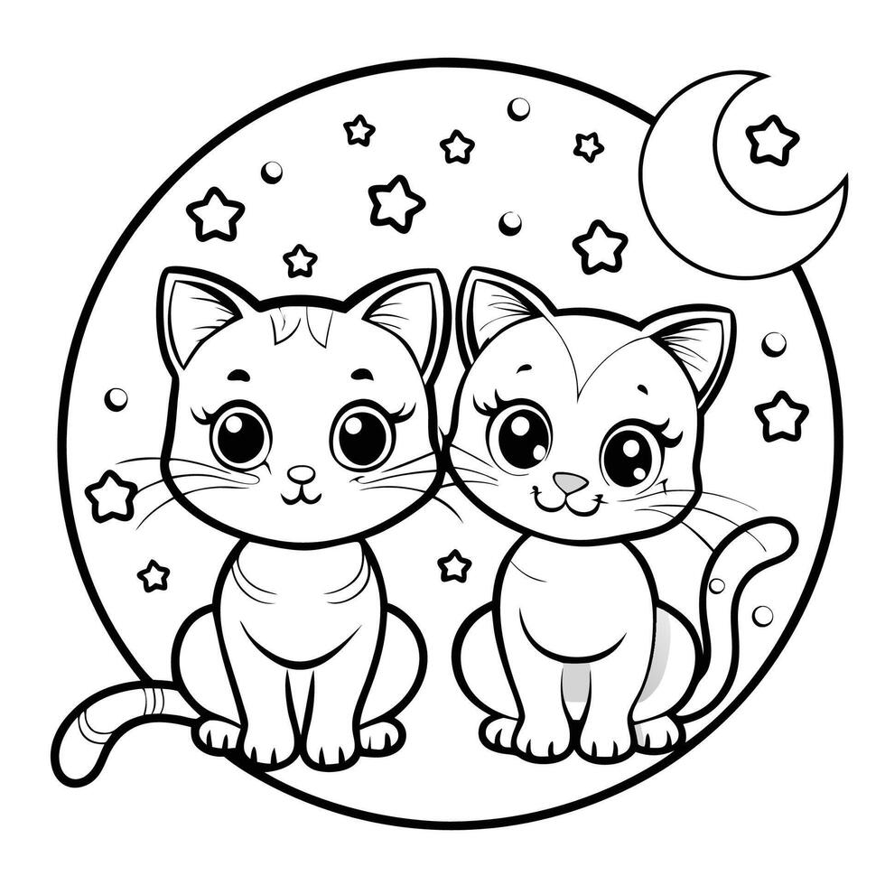 Two Enchanting Cats Gazing Up at the Moonlit Sky vector