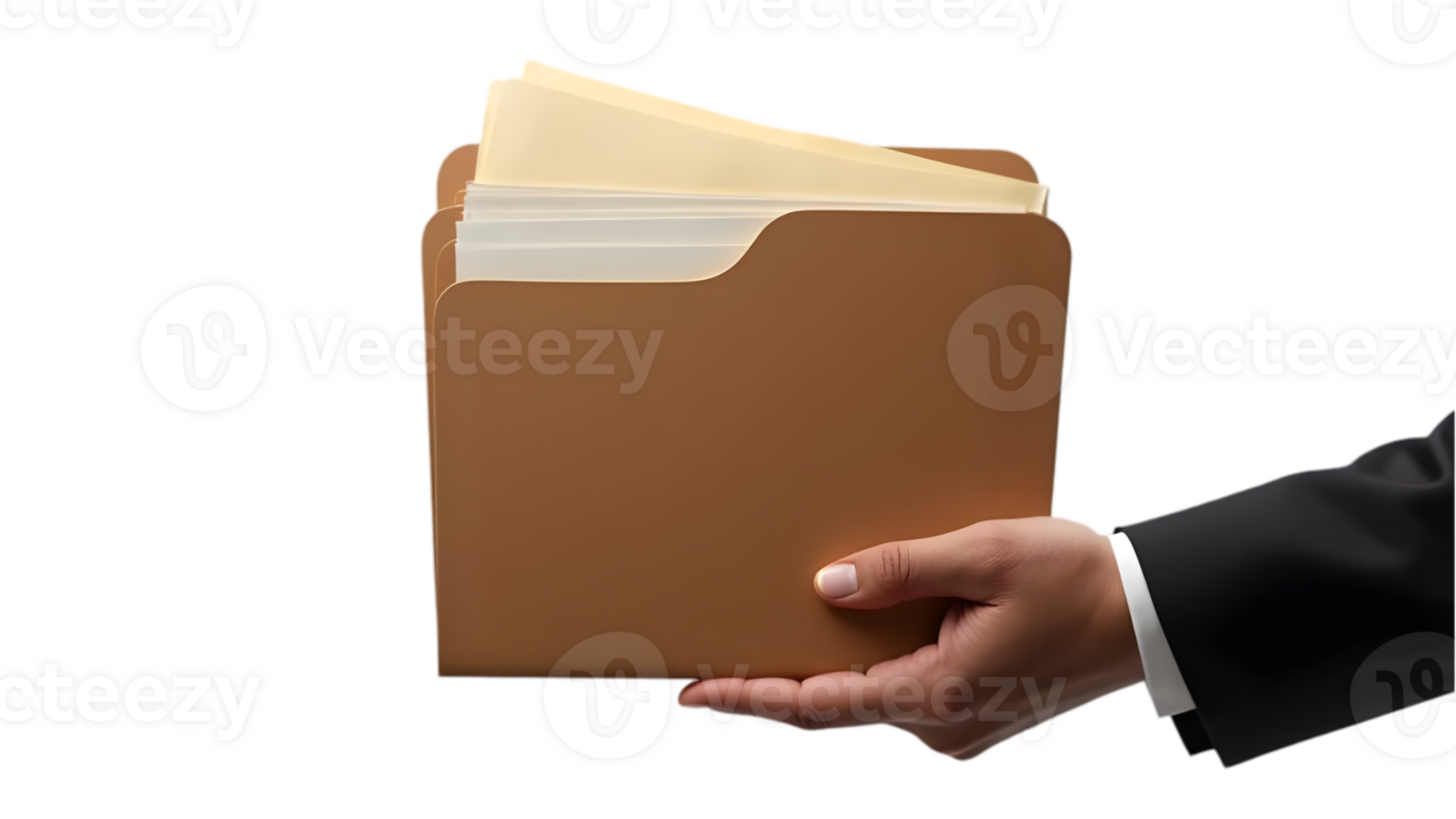A person holding a folder with papers in it png