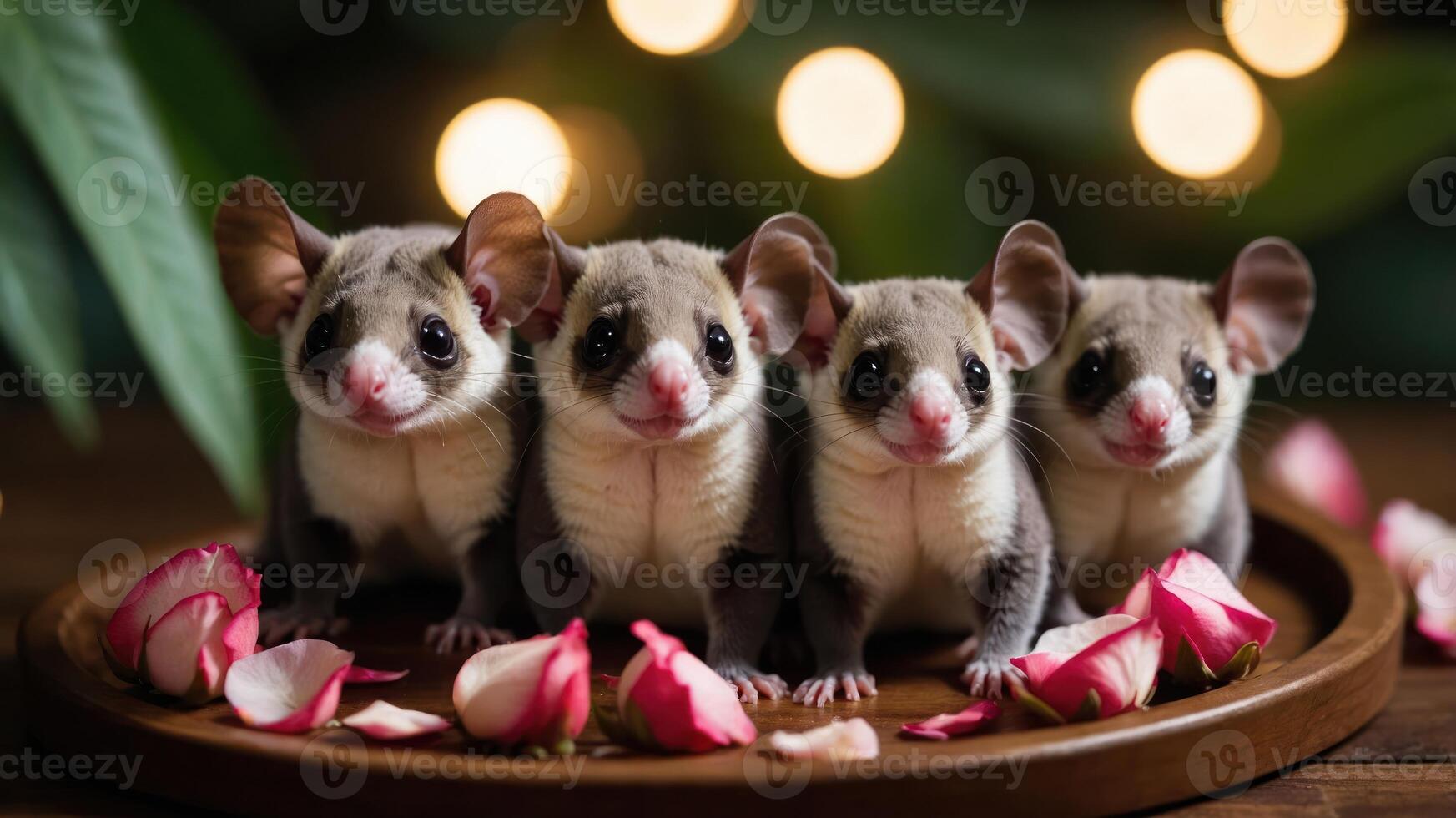 Four adorable sugar gliders arranged on a wooden plate with rose petals and soft lighting. photo