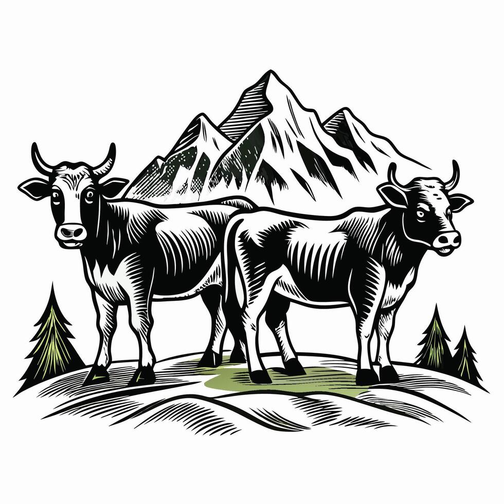 Hand Drawn Engraving of Two Alpine Cows in a Scenic Mountain Landscape vector