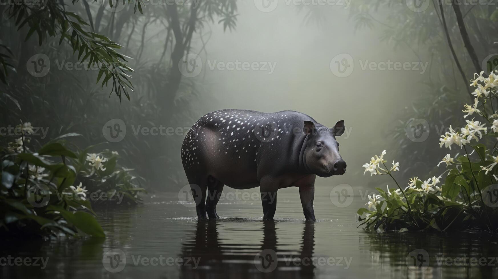 A tapir stands in a misty forest, surrounded by water and blooming flowers. photo