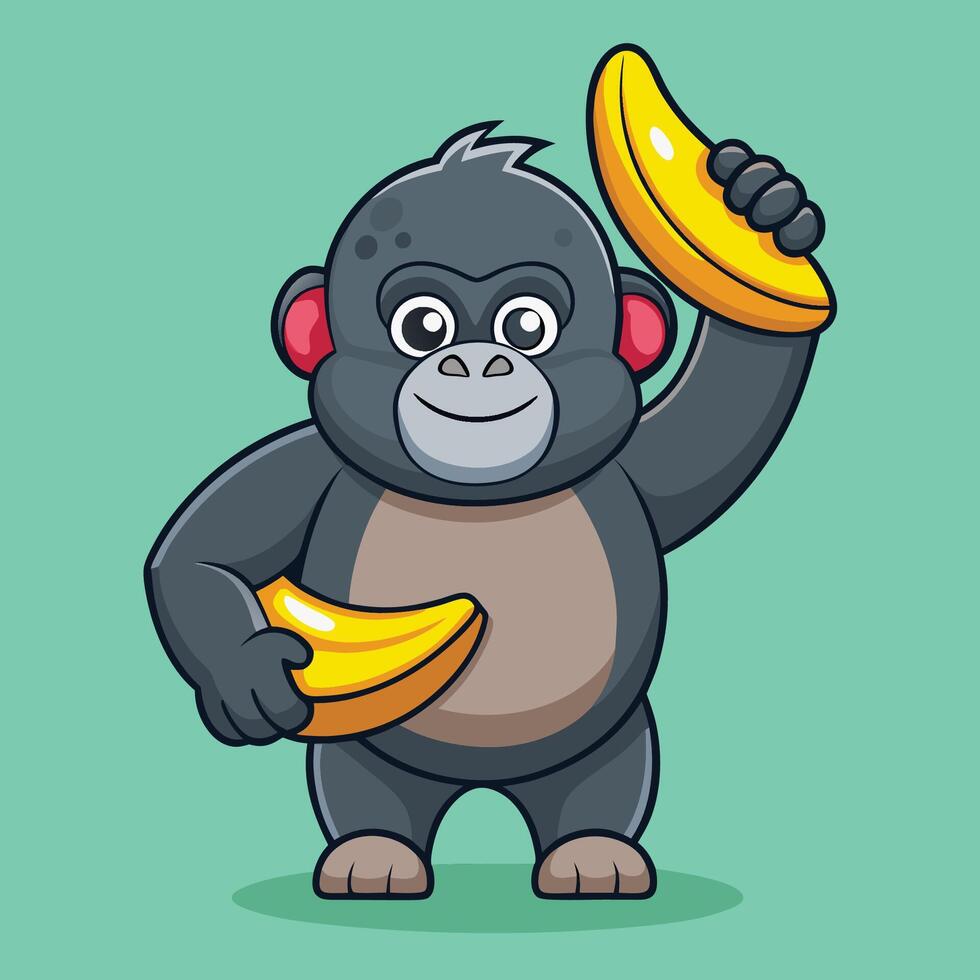 Adorable Gorilla Lifting a Giant Banana in Cartoonish Style vector