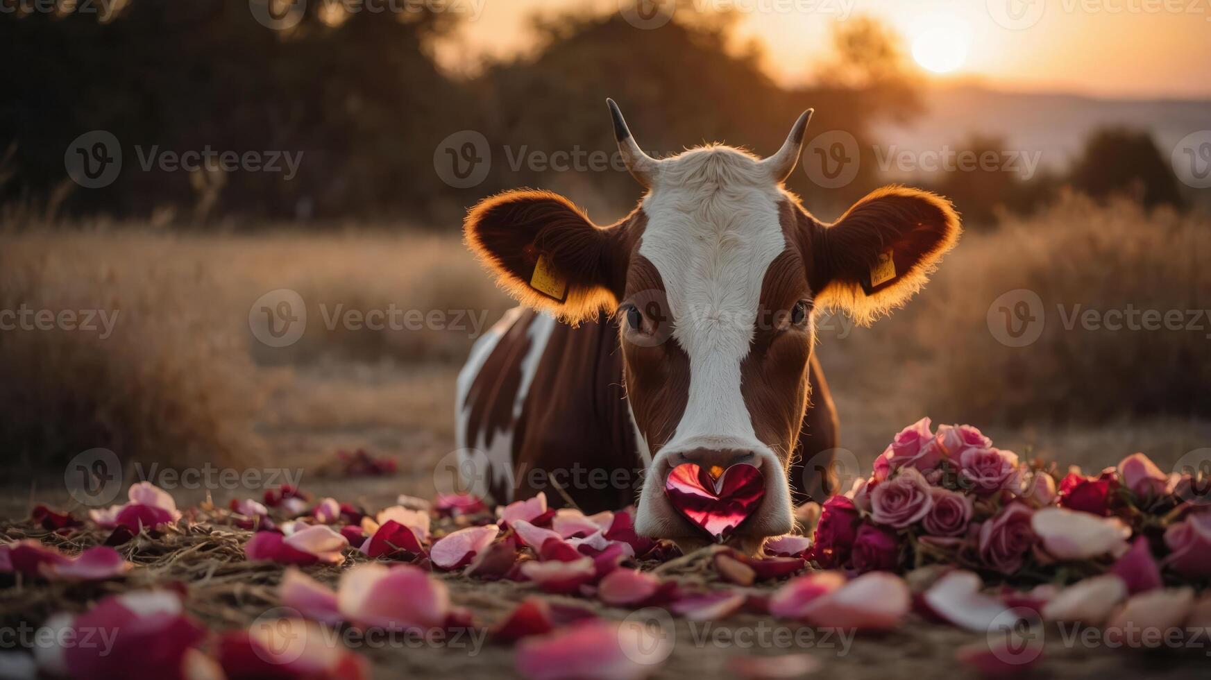 A cow resting among flower petals at sunset, creating a serene and artistic scene. photo