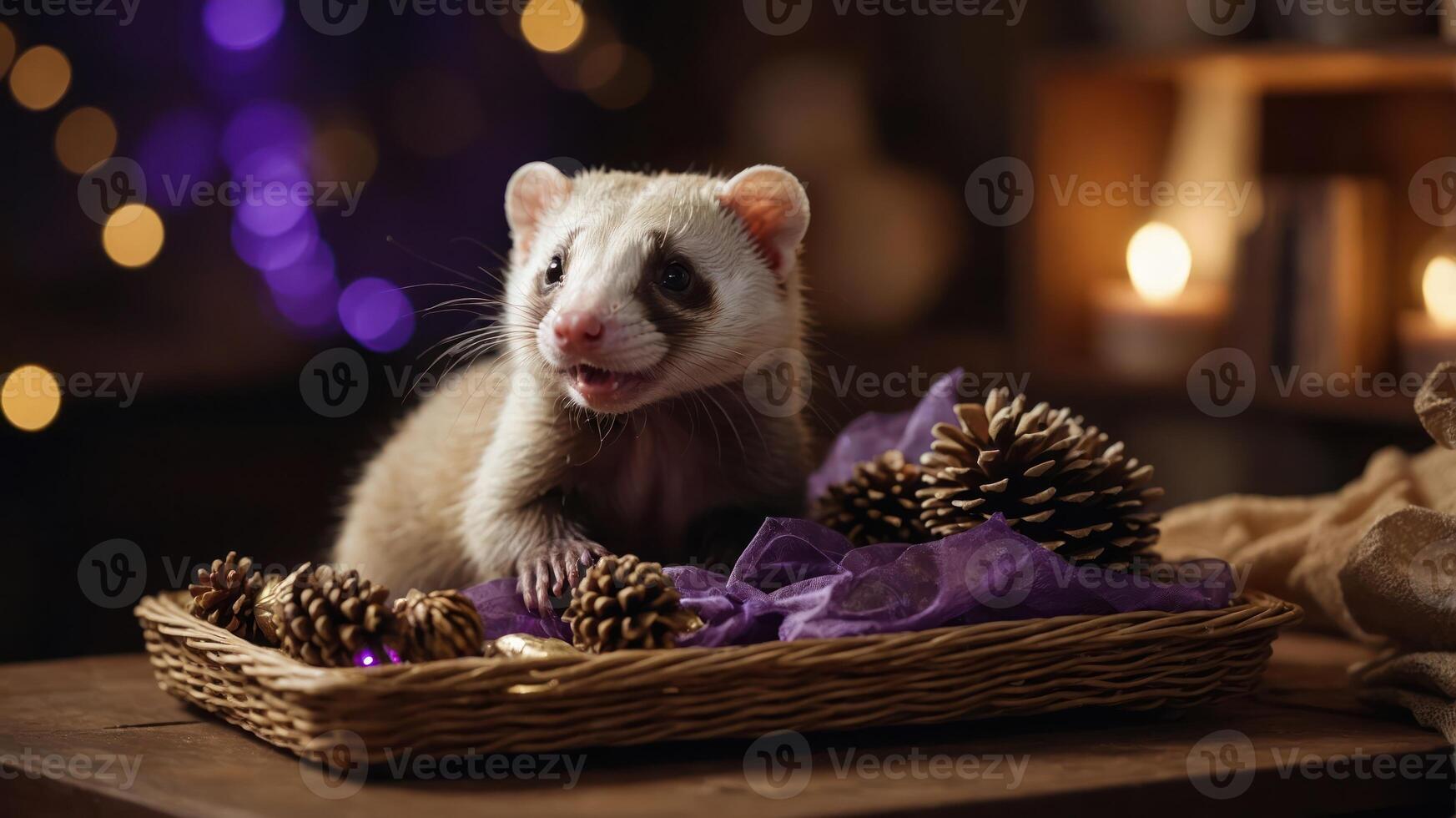 A playful ferret surrounded by pinecones and decorative fabric on a rustic table. photo