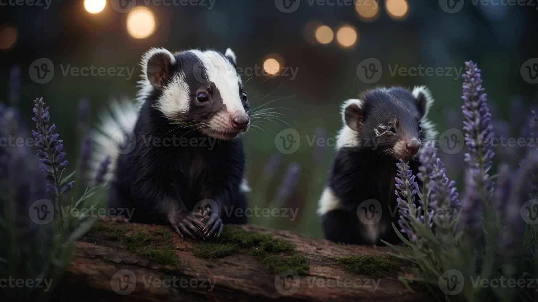 Two adorable animals sitting among lavender flowers, creating a serene and enchanting scene. photo