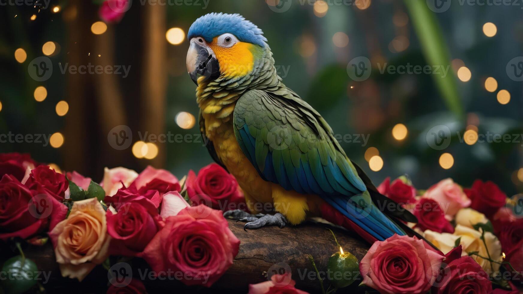 A vibrant parrot perched on a log surrounded by roses and soft lights, creating a serene atmosphere. photo
