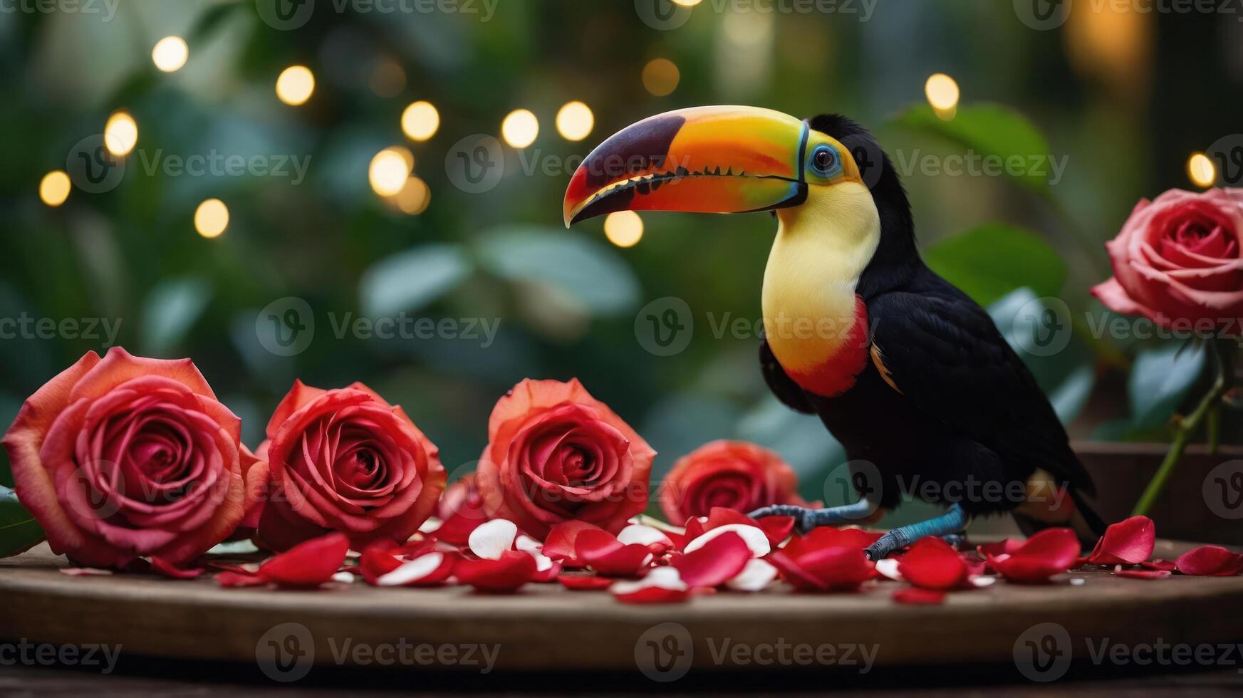 A vibrant toucan surrounded by roses and petals, creating a romantic atmosphere. photo