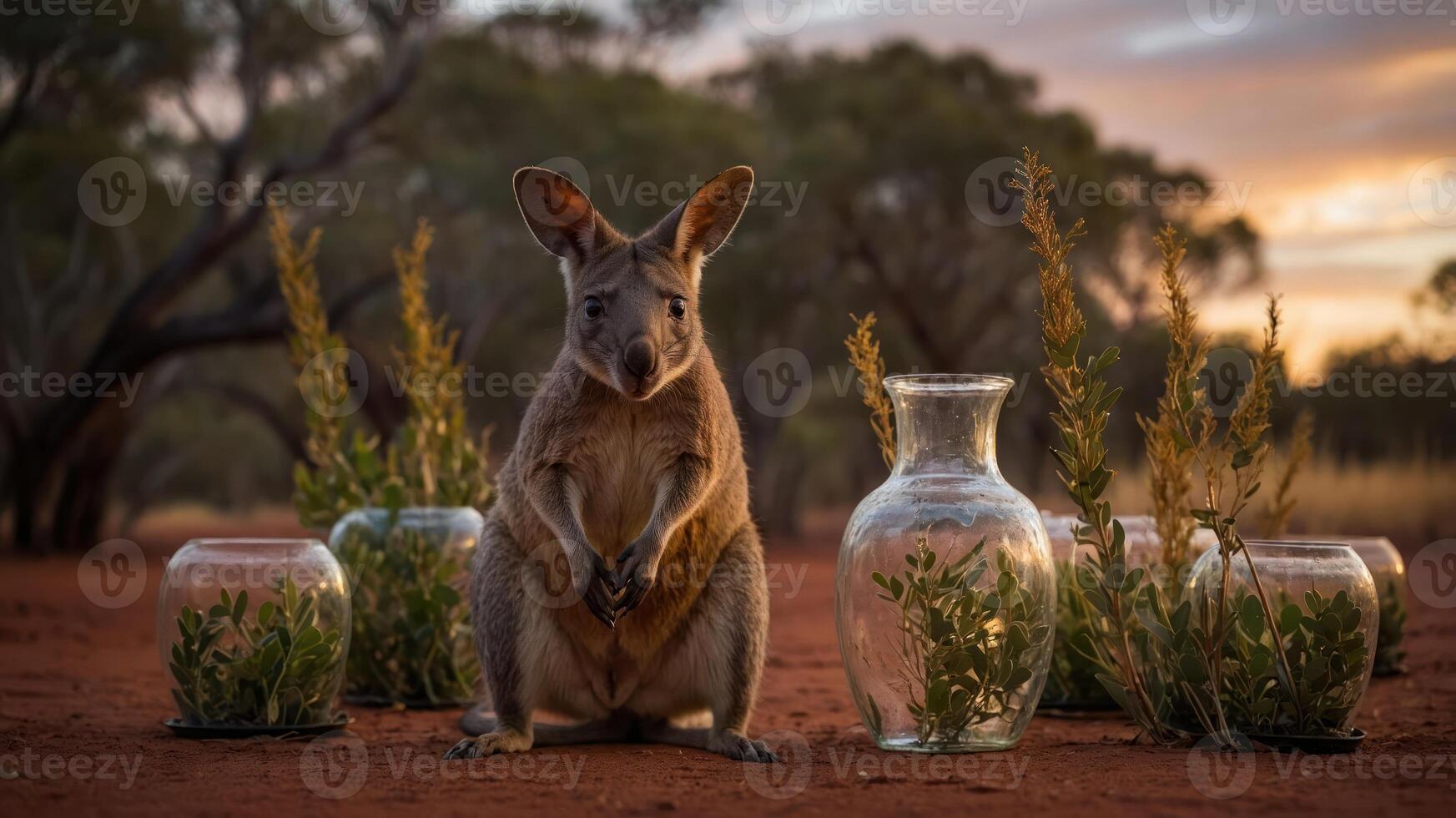 A kangaroo stands among glass vases and plants at sunset in a natural setting. photo