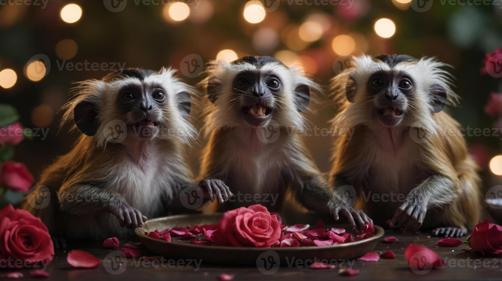 Three monkeys playfully interacting amidst rose petals and soft lights. photo