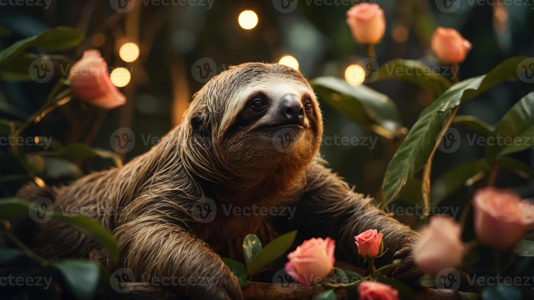 A sloth surrounded by pink roses and soft lighting, creating a serene atmosphere. photo