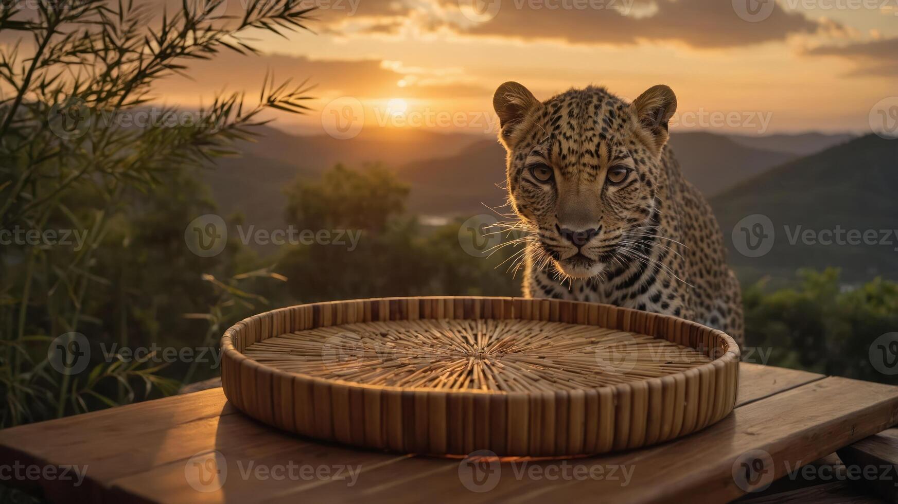 A leopard gazes at a bamboo tray against a sunset backdrop in a mountainous landscape. photo