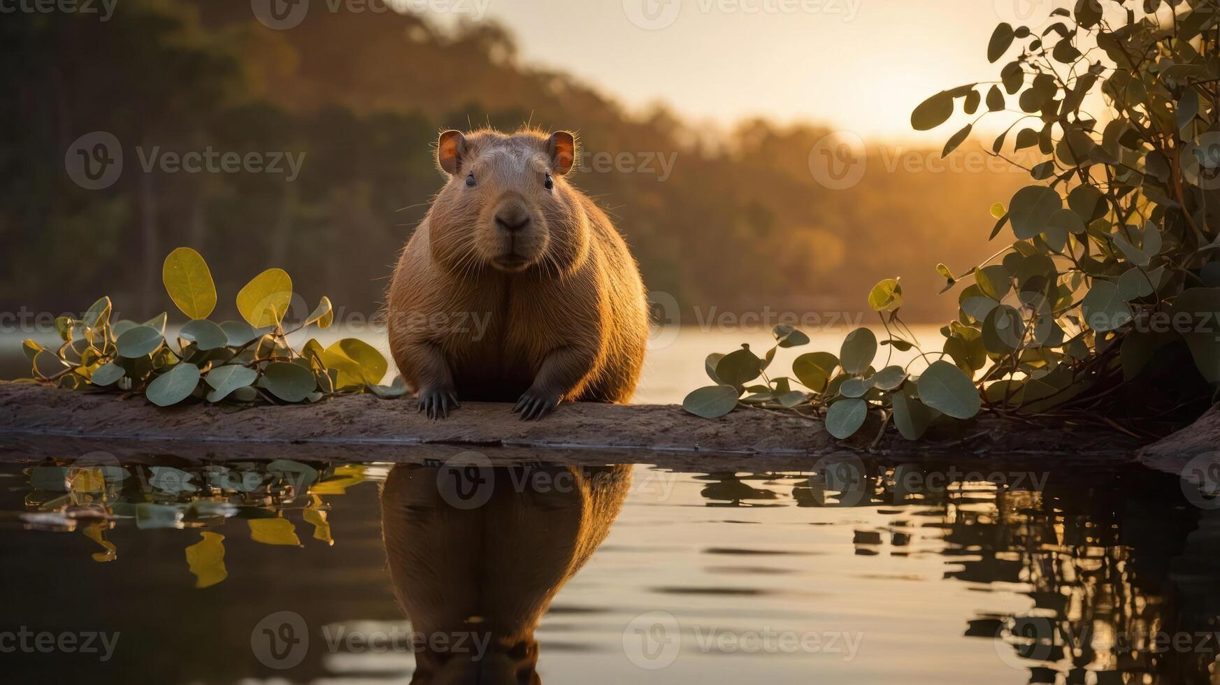 A capybara sitting by a tranquil lake at sunset, reflecting on the water. photo