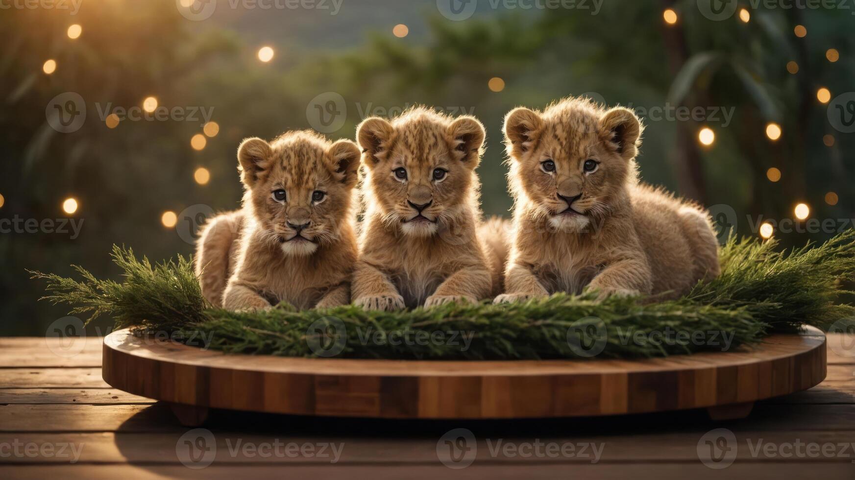 Three adorable lion cubs resting on a wooden platform surrounded by greenery and soft lights. photo
