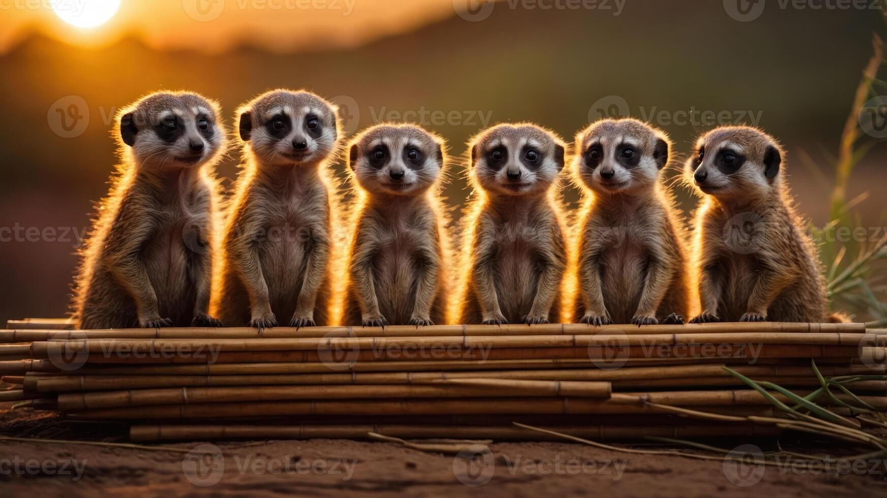 A group of six meerkats sitting on bamboo sticks during sunset. photo