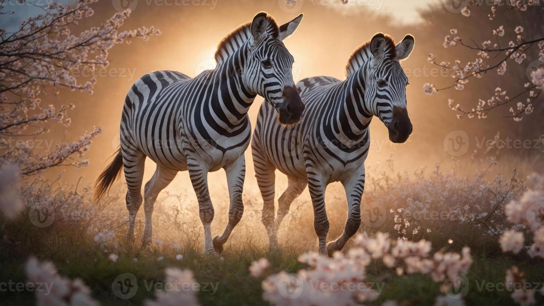 Two zebras walking through a flower-filled landscape at sunset. photo