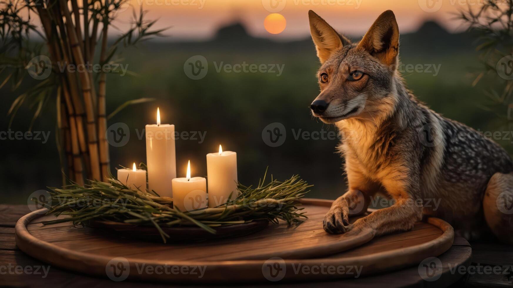 A serene scene featuring a fox beside lit candles at sunset. photo