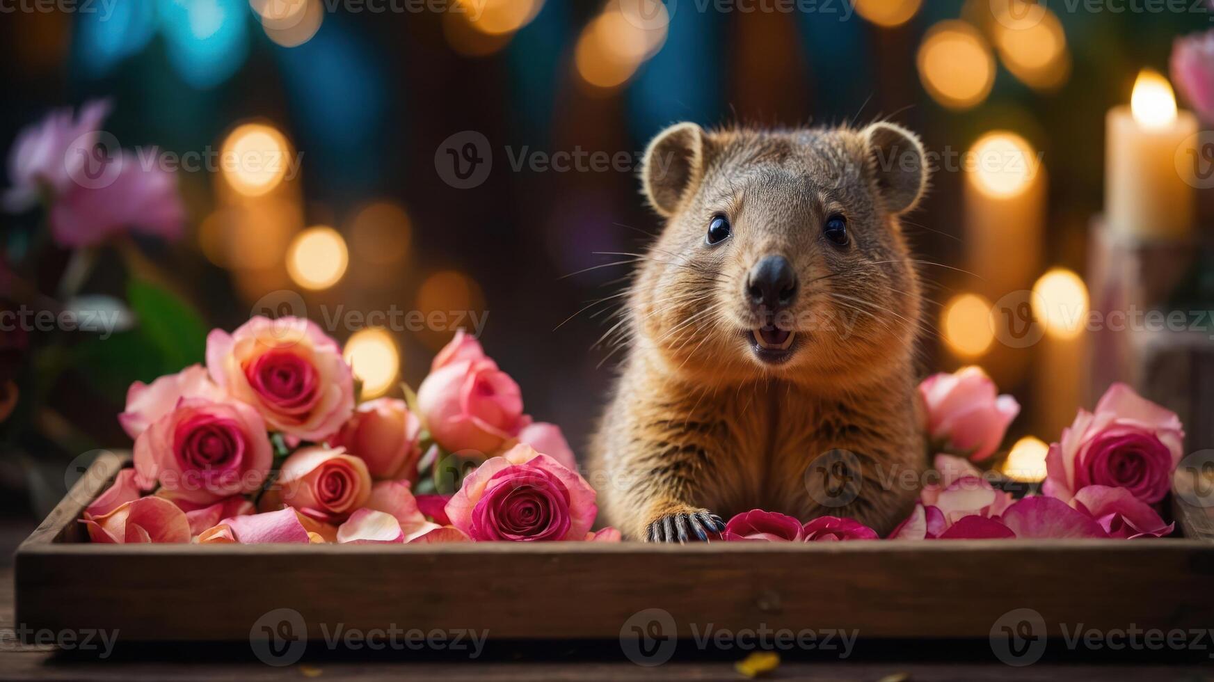 A cute animal surrounded by roses and candles, creating a warm, inviting atmosphere. photo