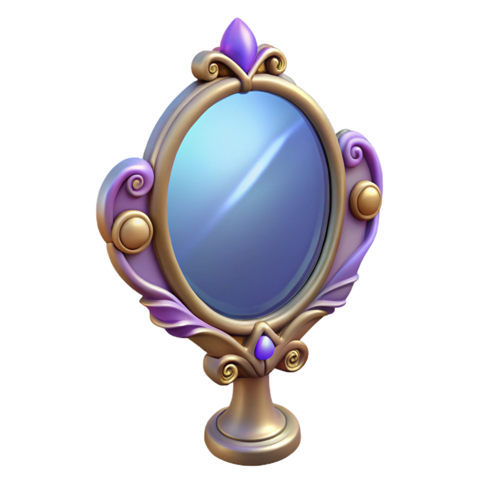 serene modern A single, enchanted mirror, reflecting a magical scene scene cropped out , ornate frame, high resolution png