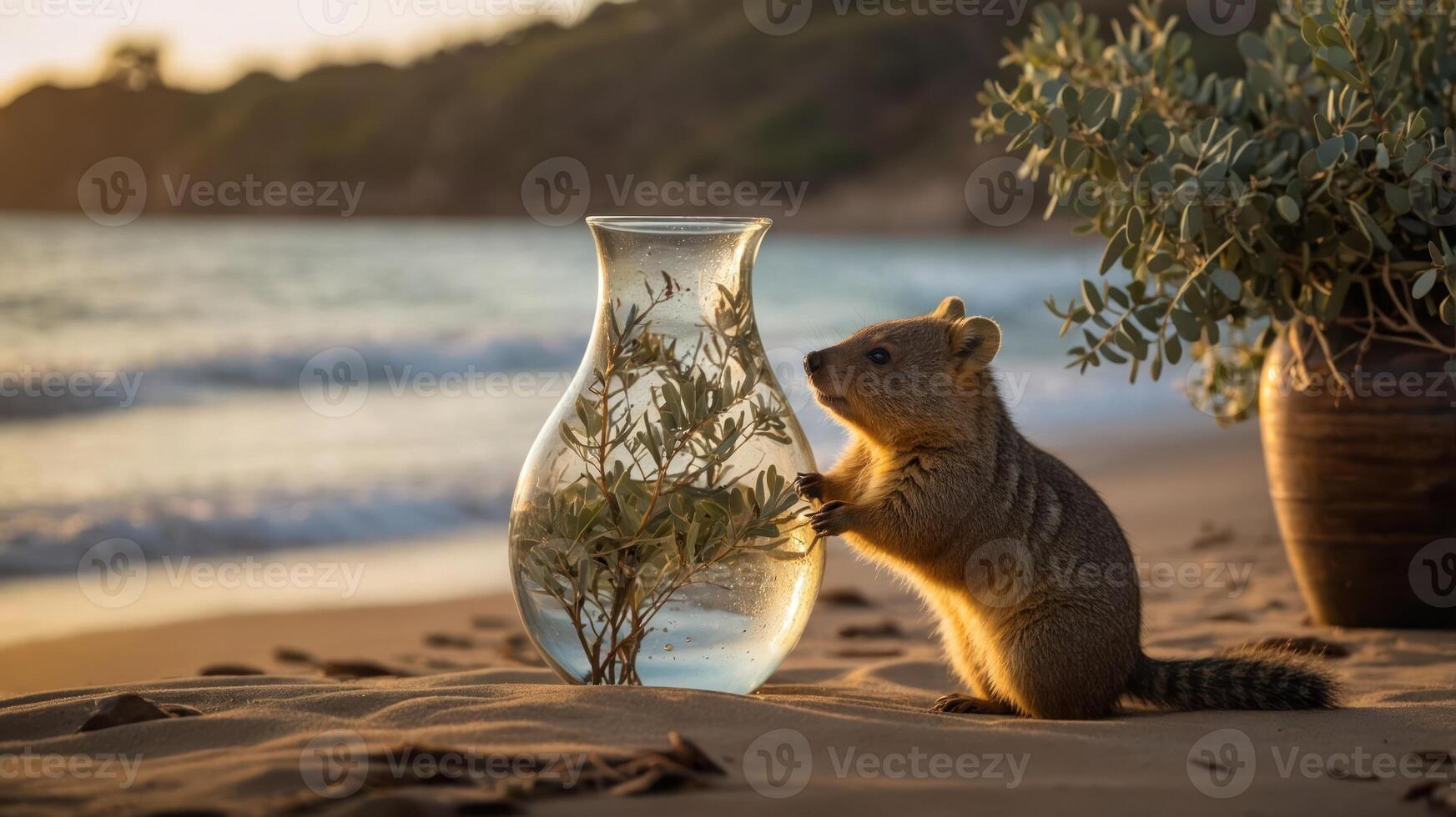 A quokka interacts with a vase of plants on a sandy beach at sunset. photo