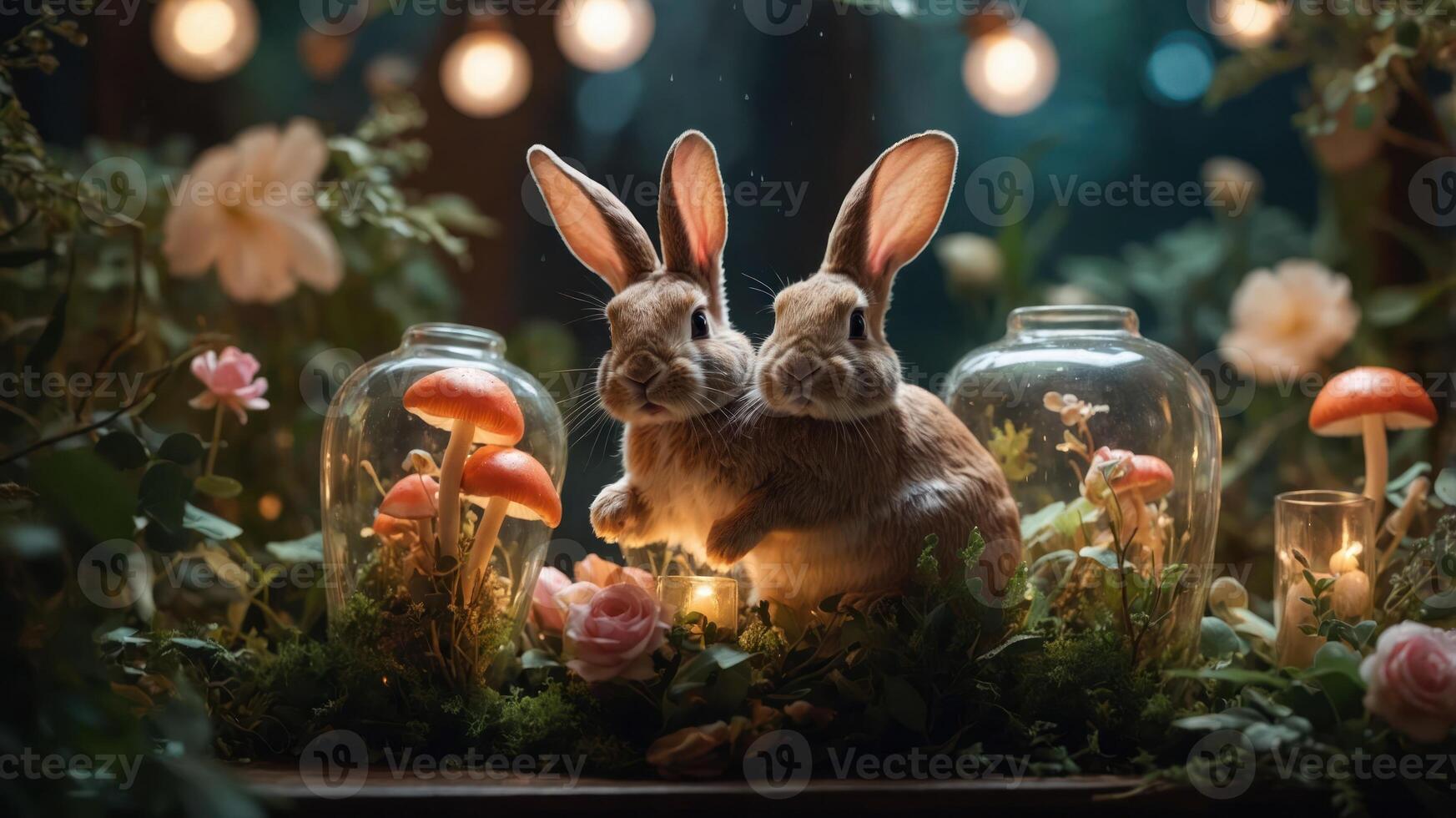 Two rabbits surrounded by flowers, mushrooms, and glowing jars in a whimsical setting. photo