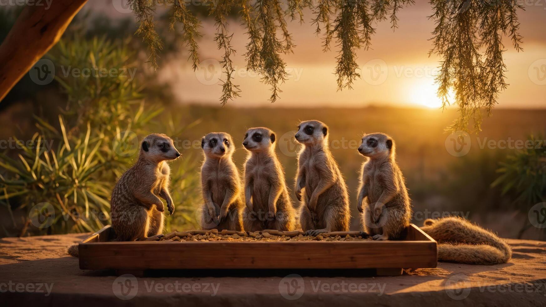 A group of meerkats standing together at sunset, showcasing their curious nature. photo