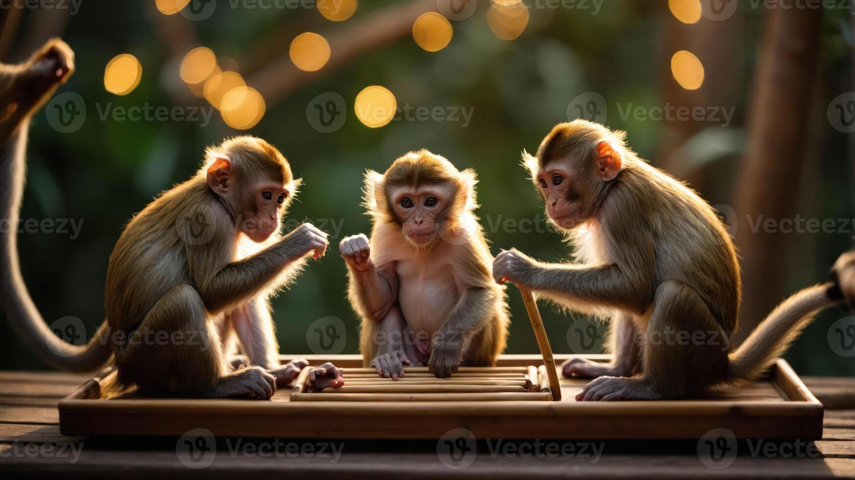Three monkeys engaging playfully around a wooden tray with food in a lush, illuminated setting. photo